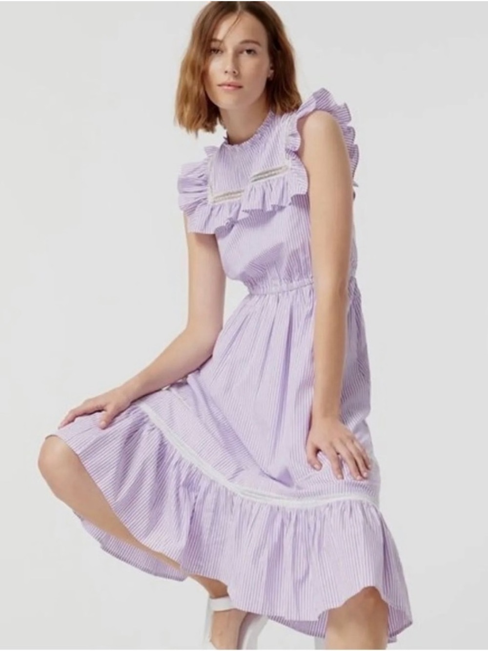 J. Crew Tiered Ruffle Lace Midi Dress in Rustic Plum Stripe Size Small